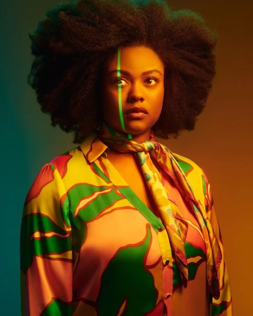Close-up studio portrait of a dark-skinned woman with an afro, wearing a patterned blouse and scarf, lit with blue and orange gels.